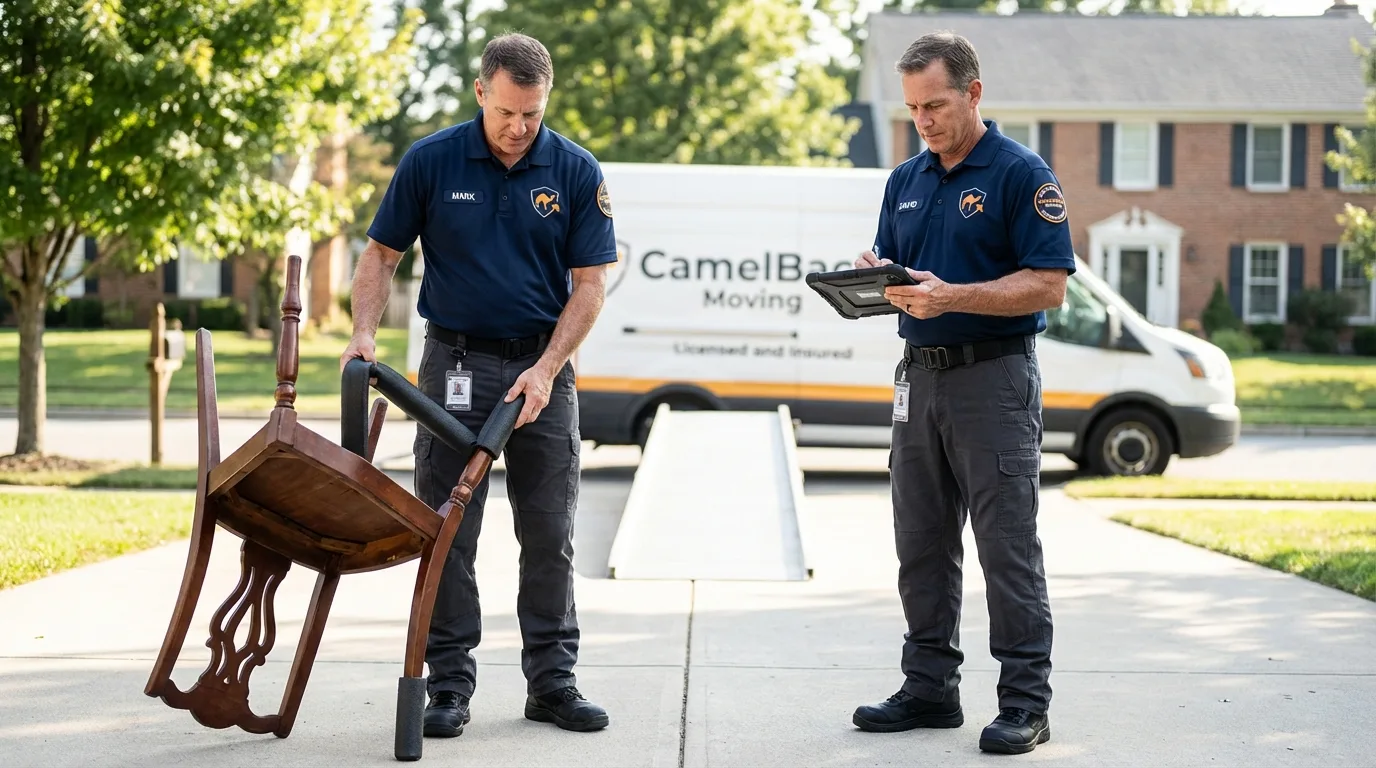 Movers inspecting furniture for damage prevention before loading in Windsor, CA